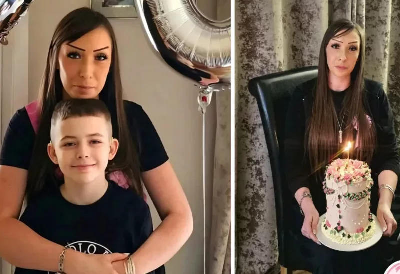 a woman with her son, and one with her holding a cake