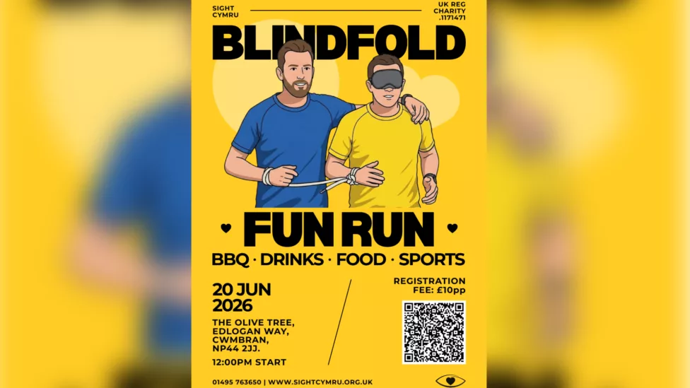 a post advertising a blindfold fun run for Sight Cymru