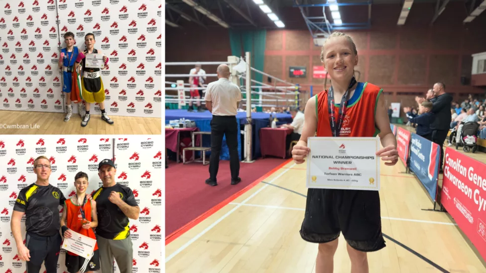 a photo collage of three pics showing boxers and their coaches