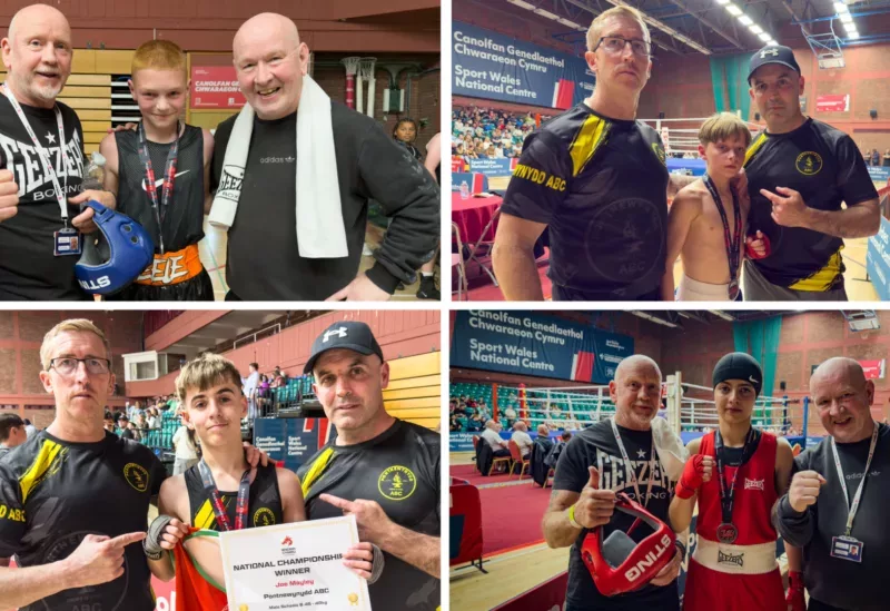 a photo collage of four pics showing boxers and their coaches