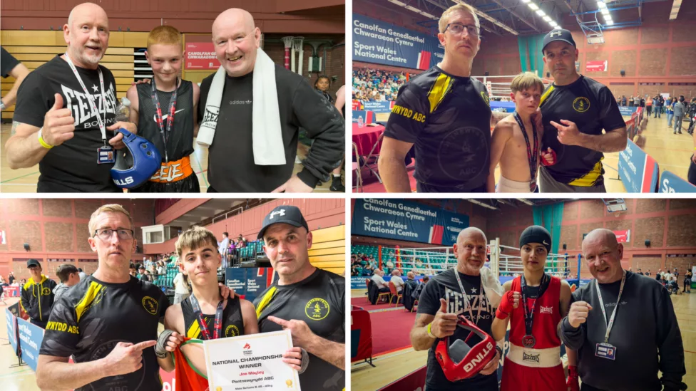 a photo collage of four pics showing boxers and their coaches