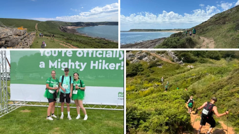 three photos of path and scenes near the sea- and a photo of two men and a woman after finishing a walk