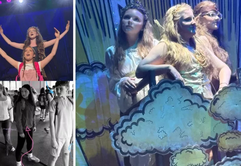 three photos of young people on stage in a show called The olympians