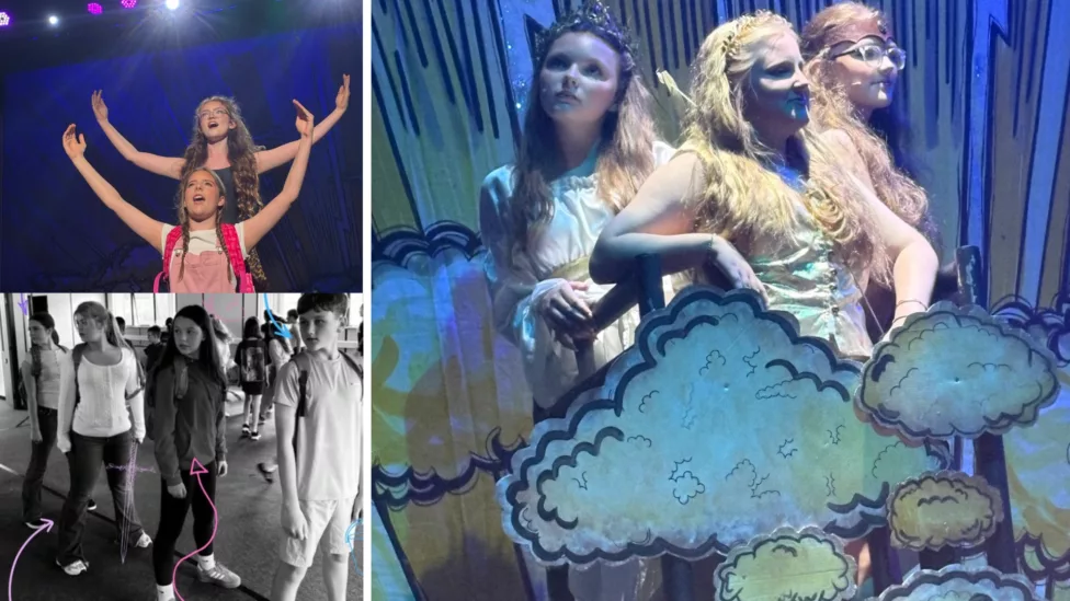 three photos of young people on stage in a show called The olympians