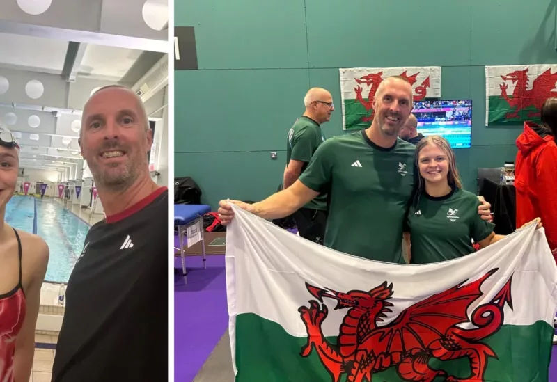 two photos of a male swimming coach with two female swimmers- one is holding a Wales flag