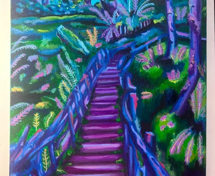 a piece of art-showing a brightly coloured staircase going through trees