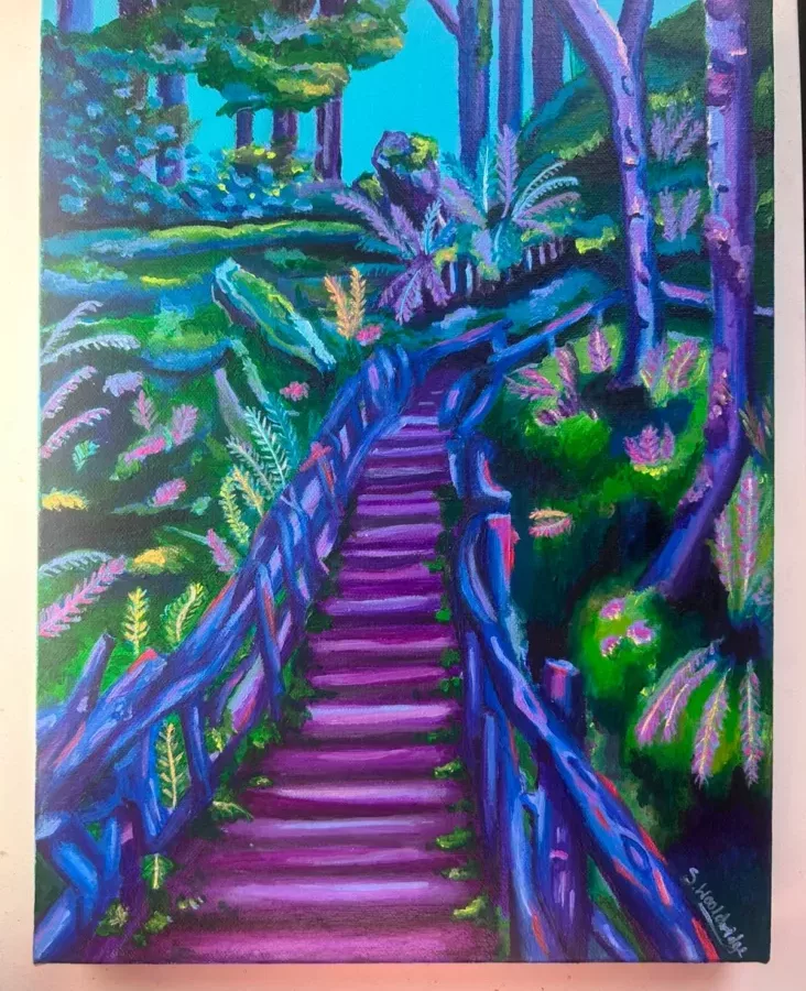 a piece of art-showing a brightly coloured staircase going through trees