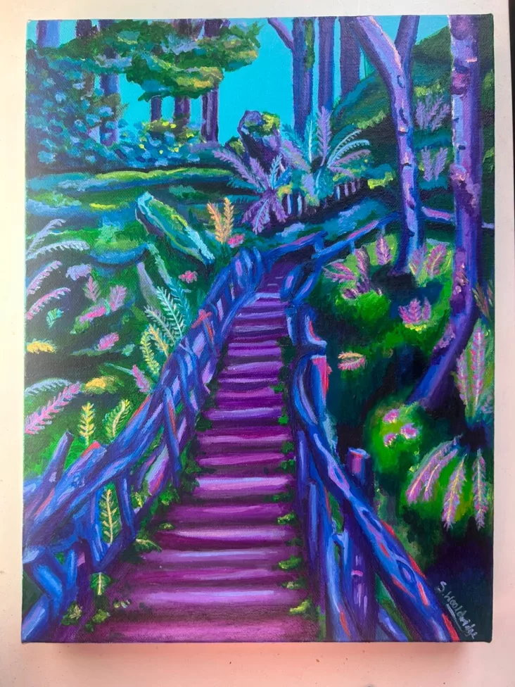 a piece of art-showing a brightly coloured staircase going through trees